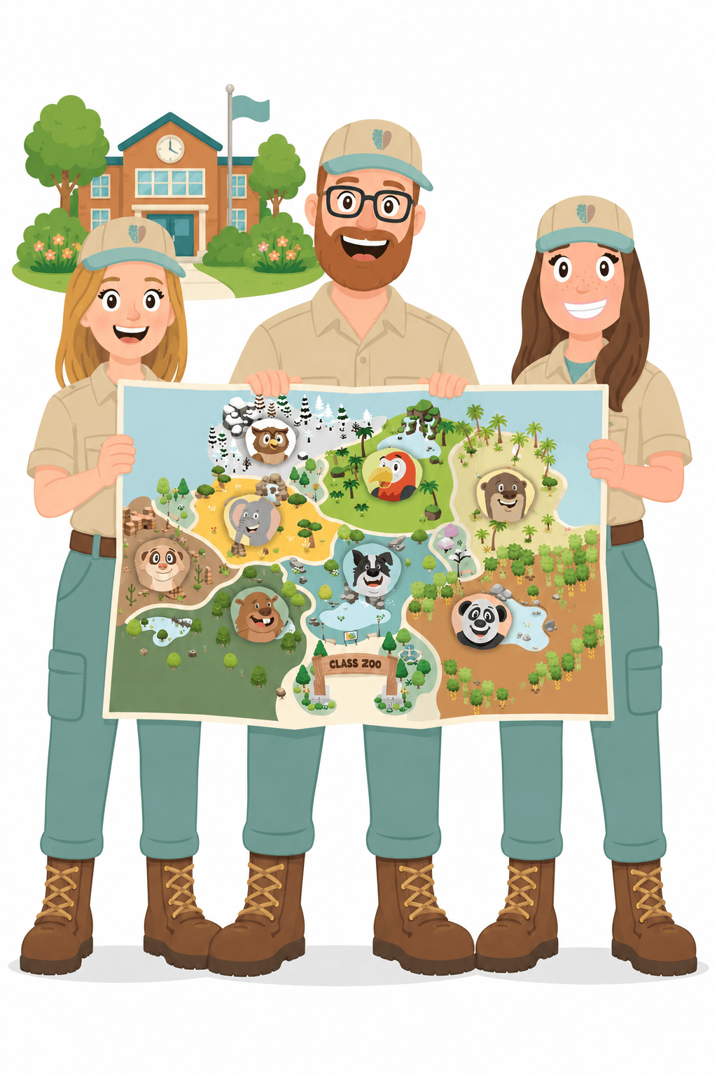 Three zookeepers holding a school-wide Class Zoo map